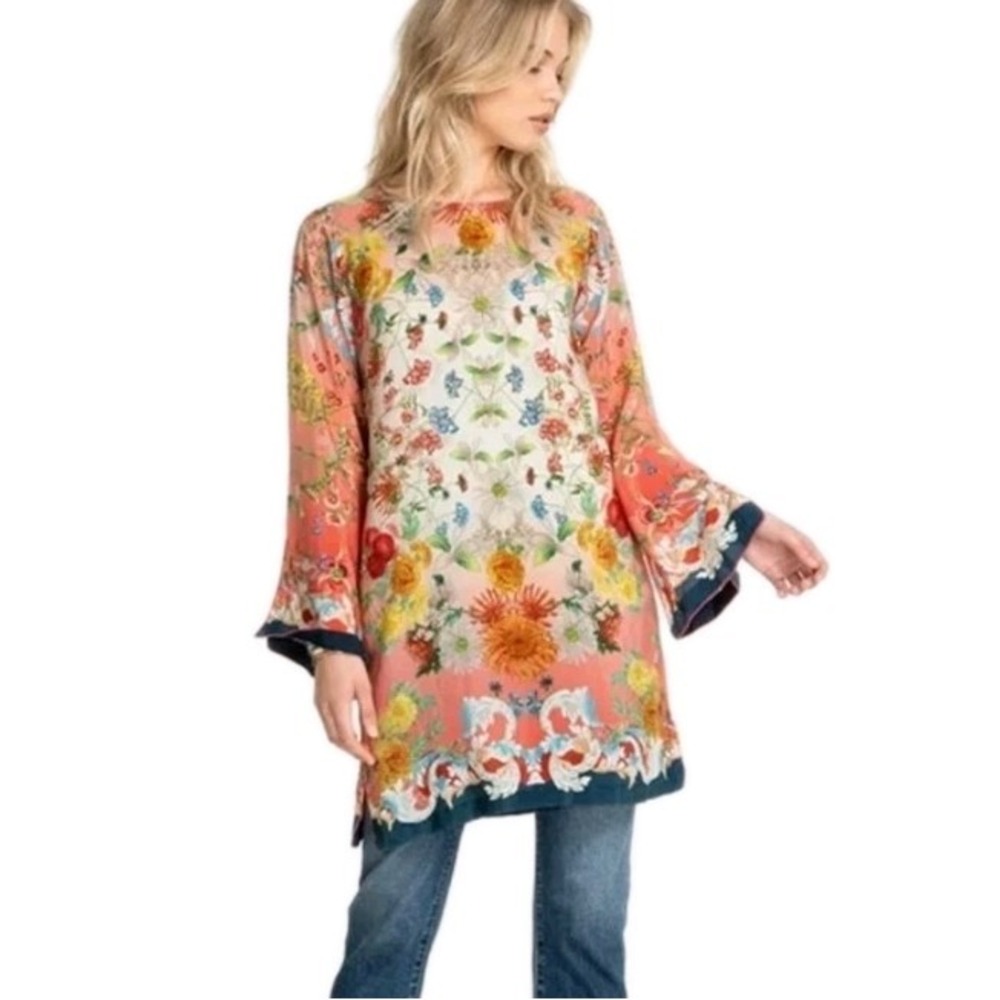 Johnny Was Coral Floral Long Sleeve Tunic with Navy Trim